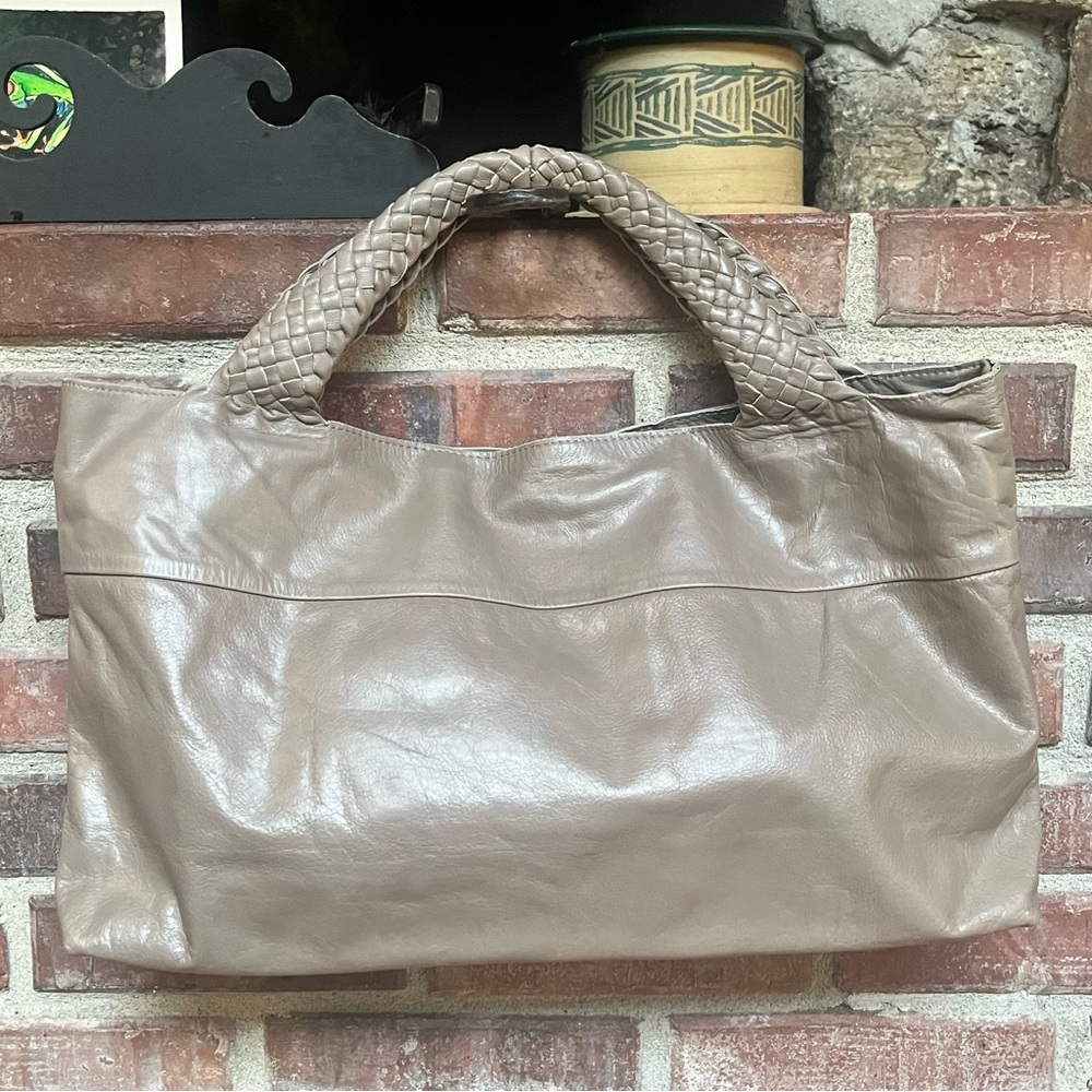 Rabeanco Tan Leather Tote Shoulder Bag with Braided Straps